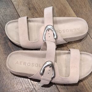 AEROSOLES Light Tan Slide Sandals with Metallic Buckle